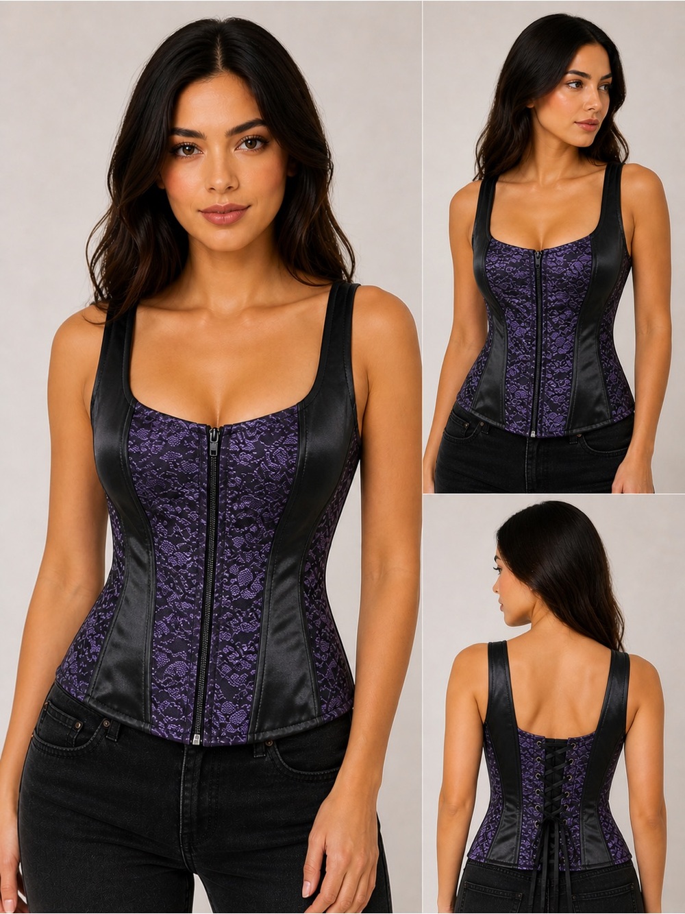 Purple Lace Front-Zip Waist Cincher Corset Top
